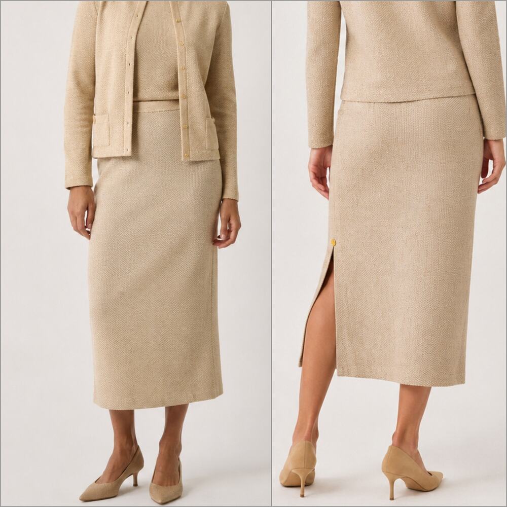 ST. JOHN Collection Santana Knit midi Skirt in beige slit back size 8
